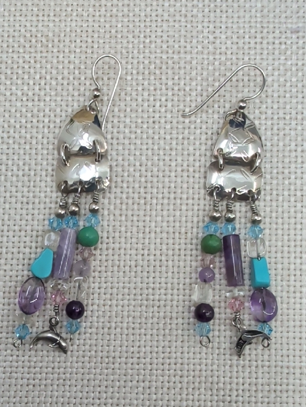 Signed Sterling Silver Dolphin Artisan Chandelier Earrings FL Keys 1990s - Picture 4 of 17